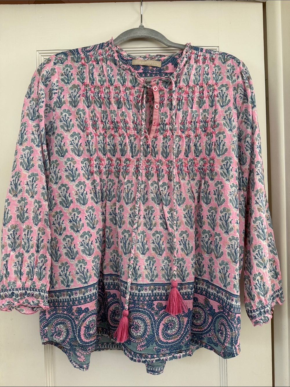 LOLA AUSTRALIA Pink Floral Smocked Boho Blouse with Tassel Tie